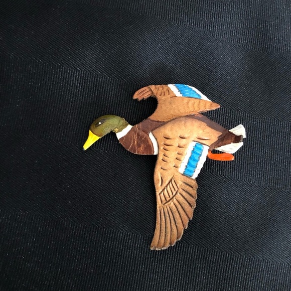 Vtg Tooled Leather Mallard Duck Brooch - Picture 1 of 12